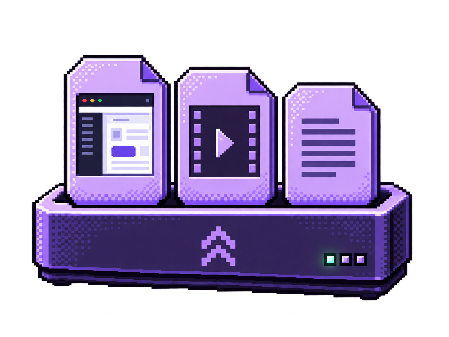 A purple pixel-art upload dock holding screenshots, recordings, and files